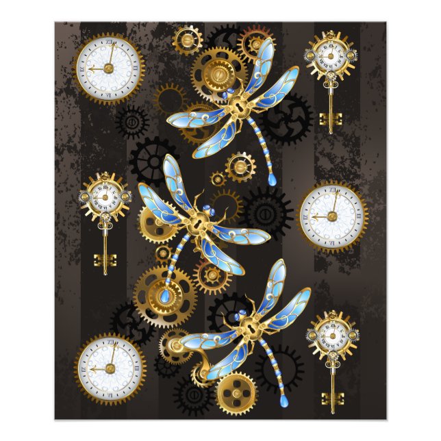 Steampunk Dragonflies på brun strimmig bakgrund Fototryck (Framsidan)