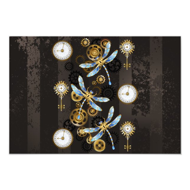 Steampunk Dragonflies på brun strimmig bakgrund Fototryck (Framsidan)