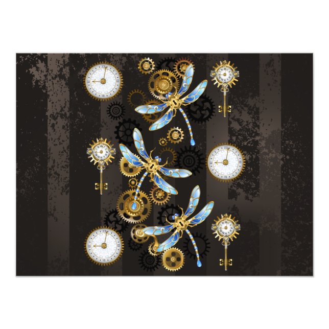 Steampunk Dragonflies på brun strimmig bakgrund Fototryck (Framsidan)
