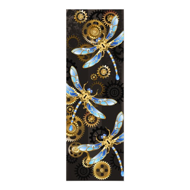 Steampunk Dragonflies på brun strimmig bakgrund Fototryck (Framsidan)