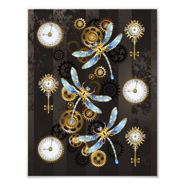 Steampunk Dragonflies på brun strimmig bakgrund Fototryck (Framsidan)