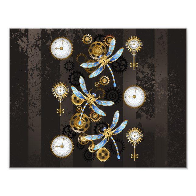 Steampunk Dragonflies på brun strimmig bakgrund Fototryck (Framsidan)