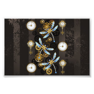 Steampunk Dragonflies på brun strimmig bakgrund Fototryck