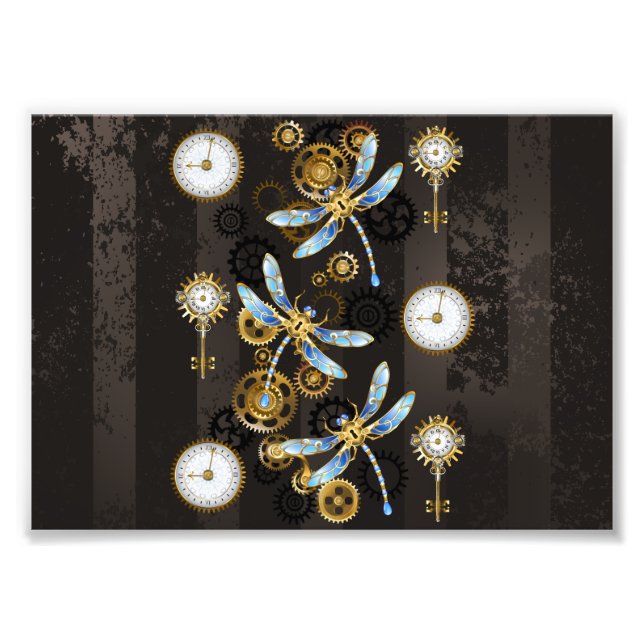 Steampunk Dragonflies på brun strimmig bakgrund Fototryck (Framsidan)