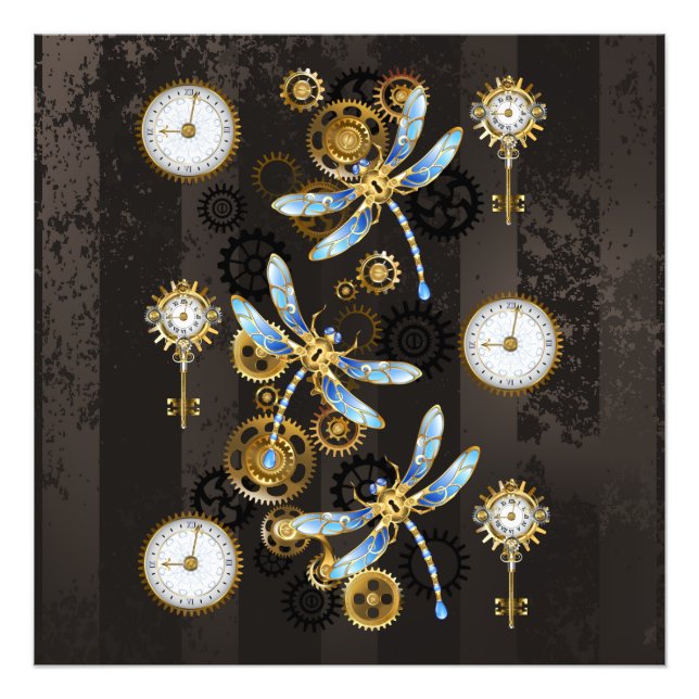 Steampunk Dragonflies på brun strimmig bakgrund Fototryck (Framsidan)