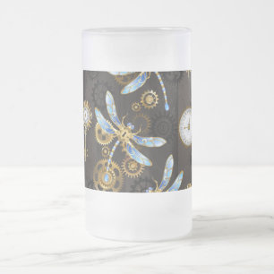 Steampunk Dragonflies på brun strimmig bakgrund Frostat Ölglas