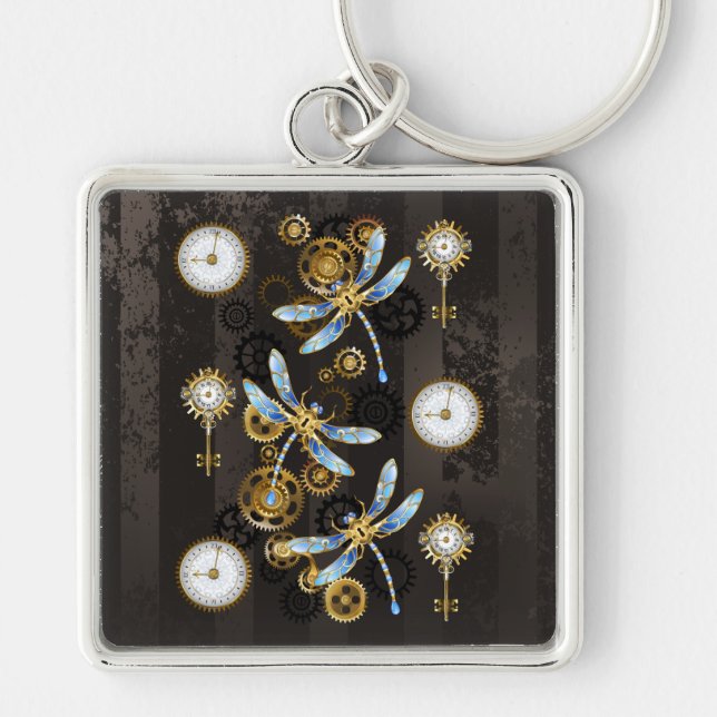 Steampunk Dragonflies på brun strimmig bakgrund Fyrkantig Silverfärgad Nyckelring (Framsidan)