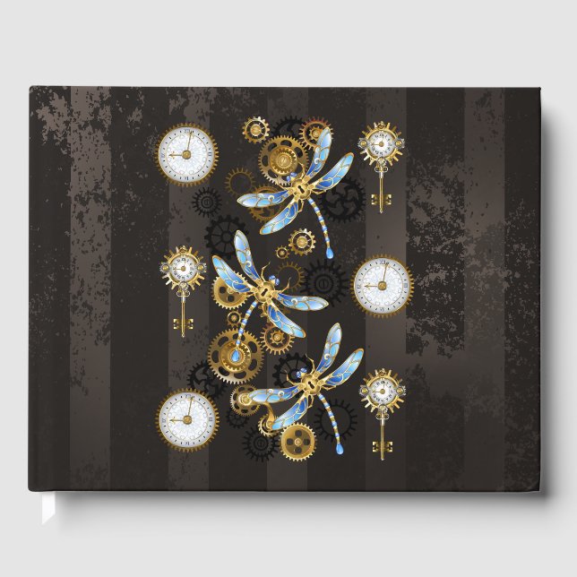 Steampunk Dragonflies på brun strimmig bakgrund Gästböcker (Framsida)