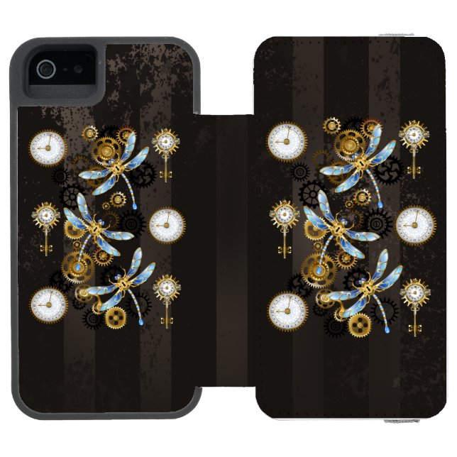 Steampunk Dragonflies på brun strimmig bakgrund Incipio iPhone Wallet Skal (Folio Öppen)