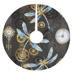 Steampunk Dragonflies på brun strimmig bakgrund Julgransmatta Borstad Polyester