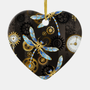 Steampunk Dragonflies på brun strimmig bakgrund Julgransprydnad Keramik