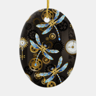 Steampunk Dragonflies på brun strimmig bakgrund Julgransprydnad Keramik