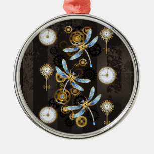 Steampunk Dragonflies på brun strimmig bakgrund Julgransprydnad Metall