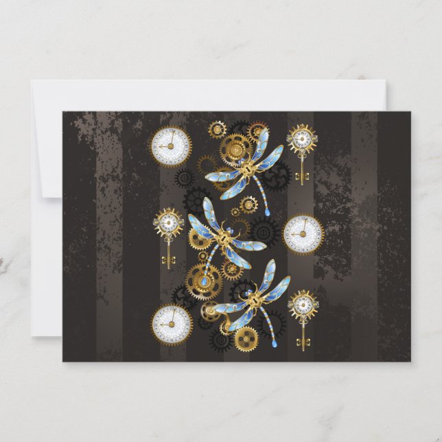 Steampunk Dragonflies på brun strimmig bakgrund Julkort (Framsida)