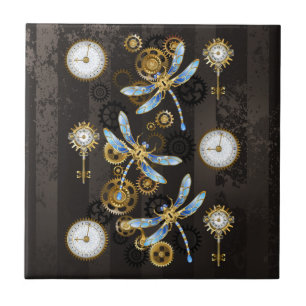 Steampunk Dragonflies på brun strimmig bakgrund Kakelplatta