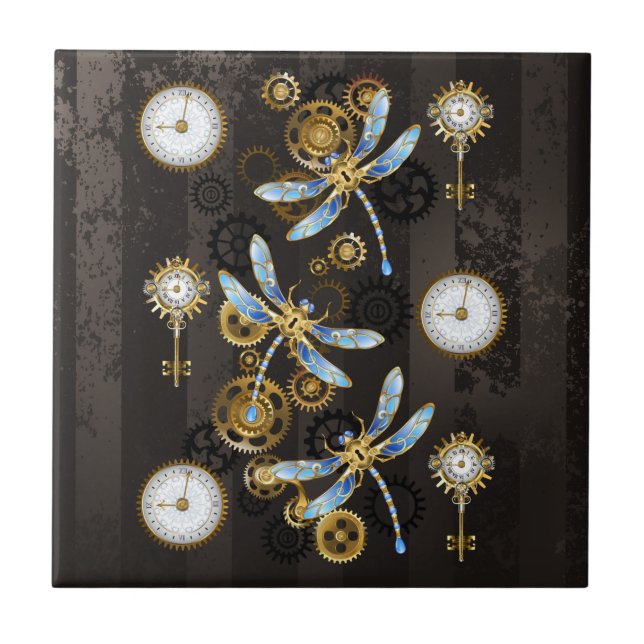 Steampunk Dragonflies på brun strimmig bakgrund Kakelplatta (Framsidan)