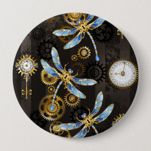 Steampunk Dragonflies på brun strimmig bakgrund Knapp
