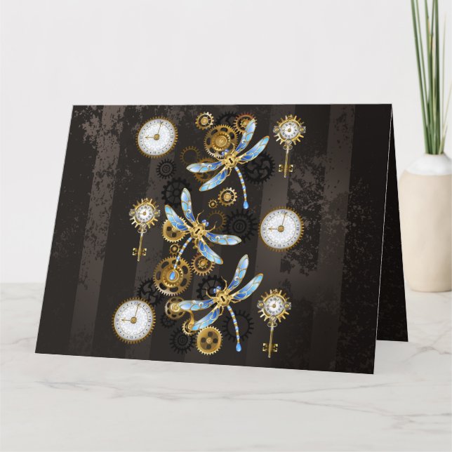 Steampunk Dragonflies på brun strimmig bakgrund Kort (Framsida)