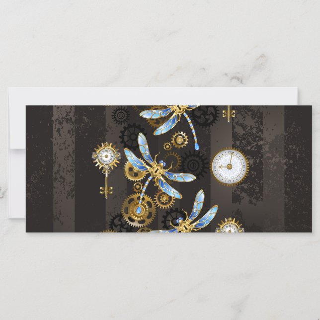 Steampunk Dragonflies på brun strimmig bakgrund Kort (Framsida)