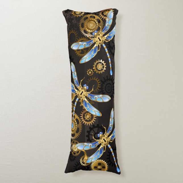 Steampunk Dragonflies på brun strimmig bakgrund Kroppskudde (Framsidan Vertikal)