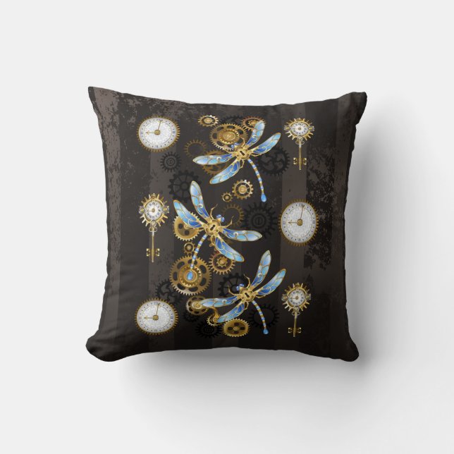 Steampunk Dragonflies på brun strimmig bakgrund Kudde (Framsida)