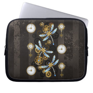 Steampunk Dragonflies på brun strimmig bakgrund Laptop Fodral