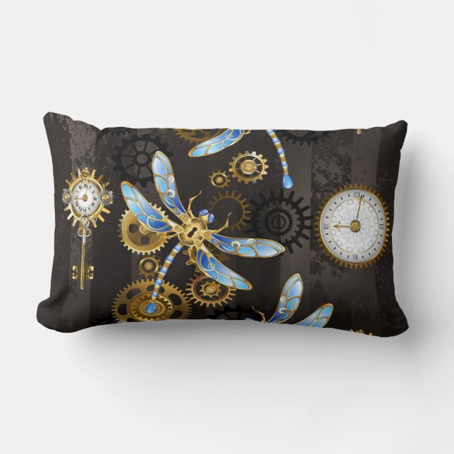 Steampunk Dragonflies på brun strimmig bakgrund Lumbarkudde (Framsida)