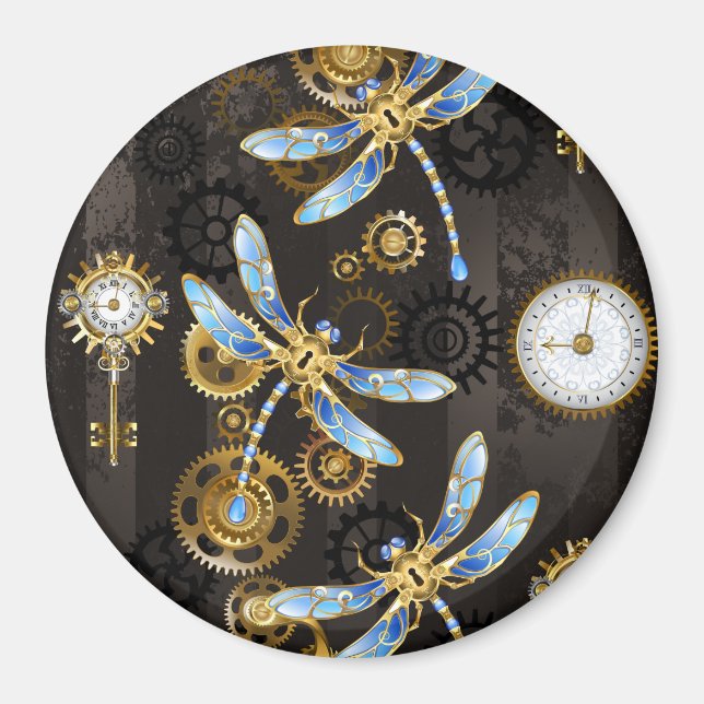 Steampunk Dragonflies på brun strimmig bakgrund Magnet (Framsidan)