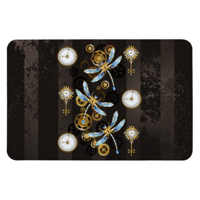 Steampunk Dragonflies på brun strimmig bakgrund Magnet (Horisontell)