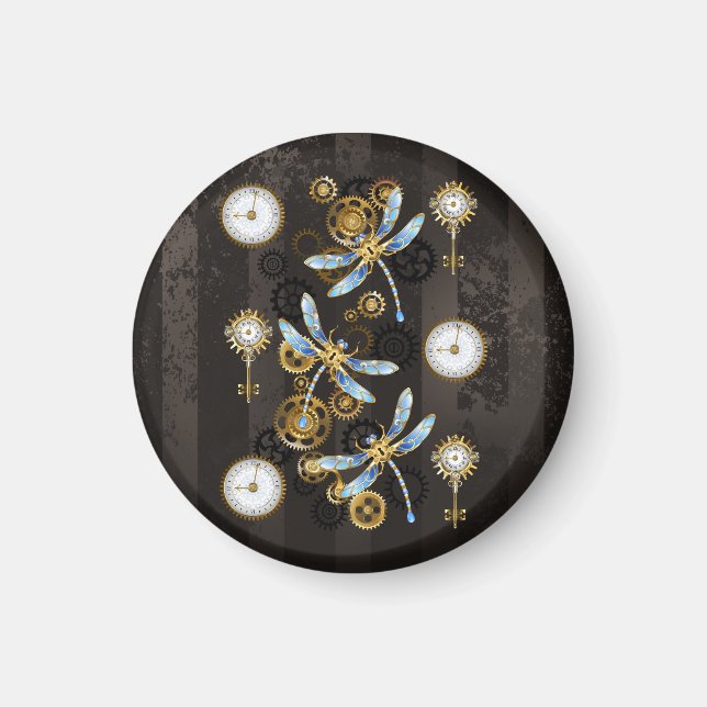 Steampunk Dragonflies på brun strimmig bakgrund Magnet (Framsidan)