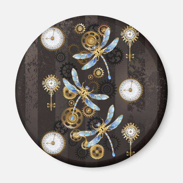 Steampunk Dragonflies på brun strimmig bakgrund Magnet (Framsidan)