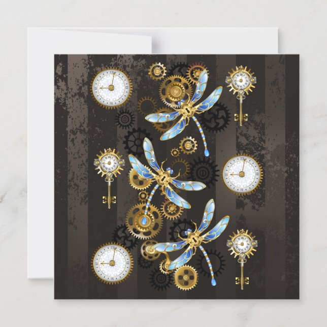 Steampunk Dragonflies på brun strimmig bakgrund Magnetisk Inbjudningskort (Framsida)