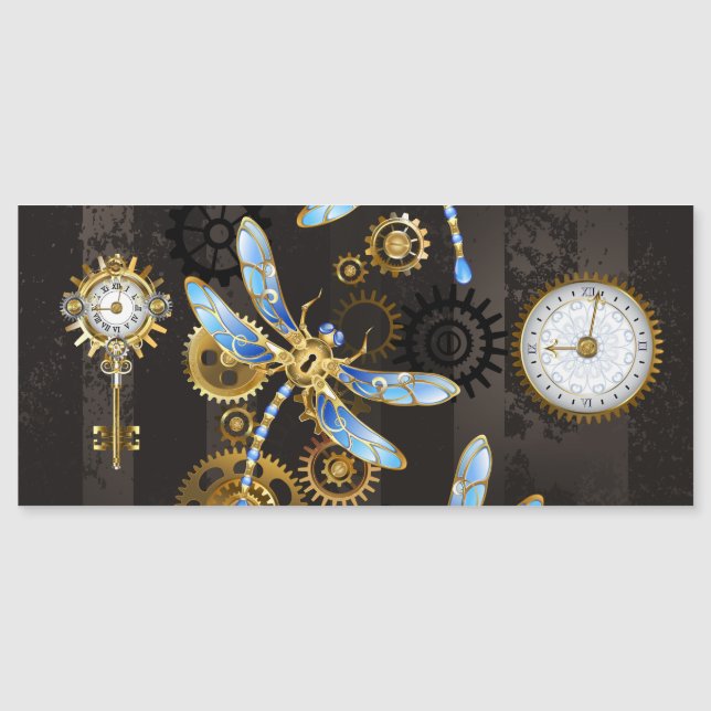 Steampunk Dragonflies på brun strimmig bakgrund Magnetisk Inbjudningskort (Framsida)
