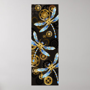 Steampunk Dragonflies på brun strimmig bakgrund Poster