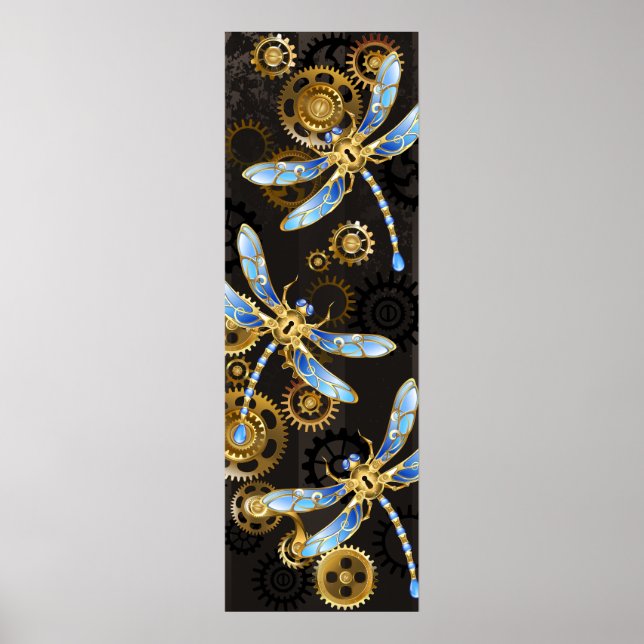 Steampunk Dragonflies på brun strimmig bakgrund Poster (Framsidan)