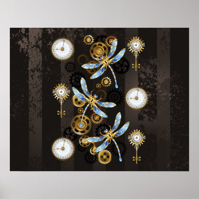 Steampunk Dragonflies på brun strimmig bakgrund Poster (Framsidan)