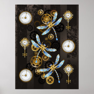 Steampunk Dragonflies på brun strimmig bakgrund Poster