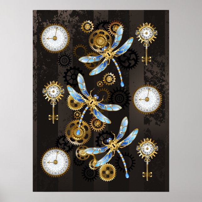 Steampunk Dragonflies på brun strimmig bakgrund Poster (Framsidan)