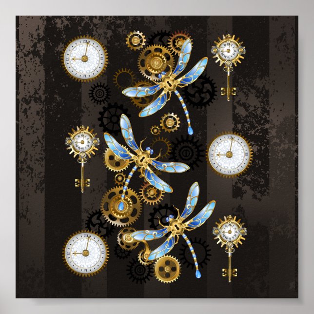 Steampunk Dragonflies på brun strimmig bakgrund Poster (Framsidan)