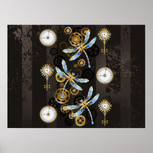 Steampunk Dragonflies på brun strimmig bakgrund Poster
