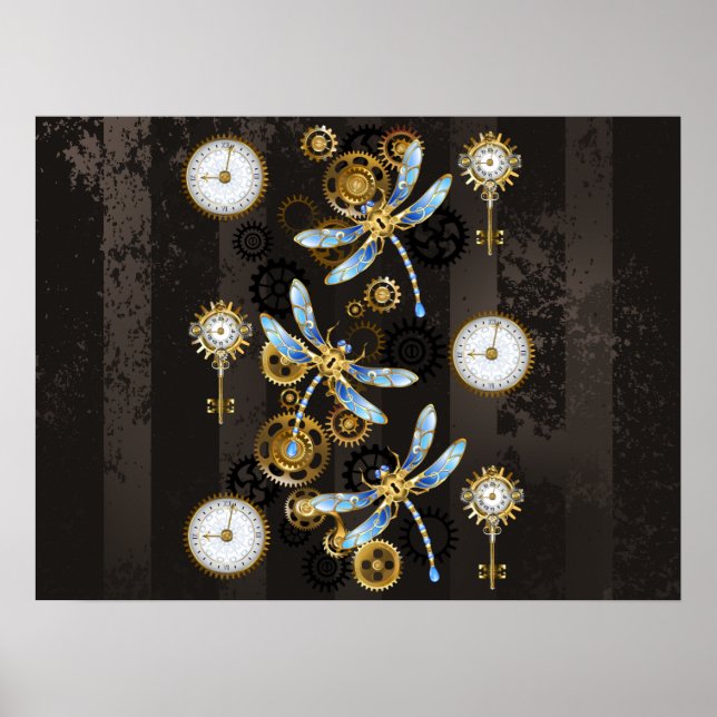 Steampunk Dragonflies på brun strimmig bakgrund Poster (Framsidan)