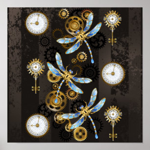 Steampunk Dragonflies på brun strimmig bakgrund Poster