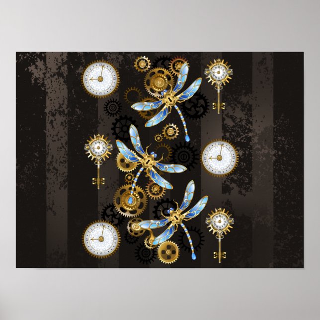Steampunk Dragonflies på brun strimmig bakgrund Poster (Framsidan)