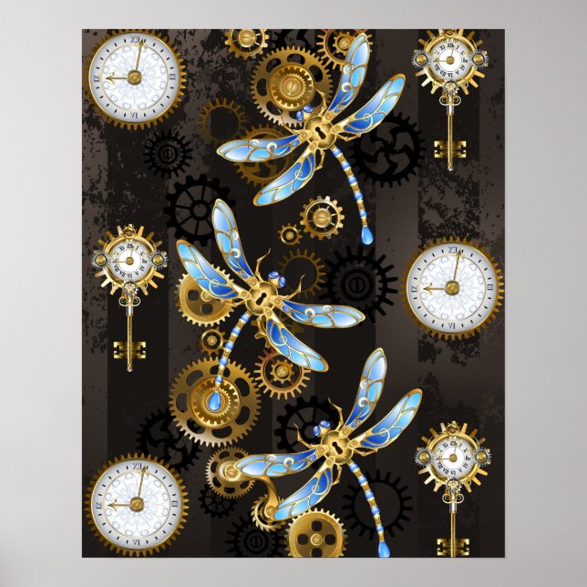 Steampunk Dragonflies på brun strimmig bakgrund Poster (Framsidan)