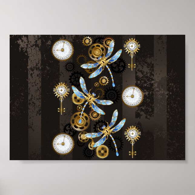 Steampunk Dragonflies på brun strimmig bakgrund Poster (Framsidan)