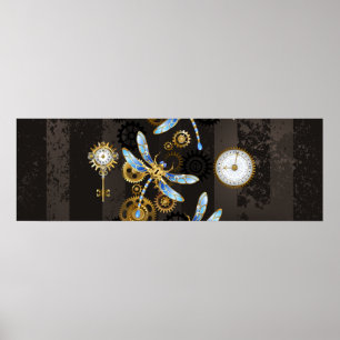 Steampunk Dragonflies på brun strimmig bakgrund Poster