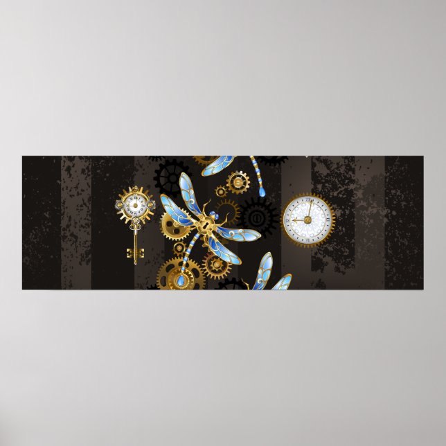 Steampunk Dragonflies på brun strimmig bakgrund Poster (Framsidan)