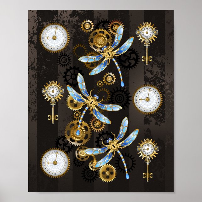 Steampunk Dragonflies på brun strimmig bakgrund Poster (Framsidan)