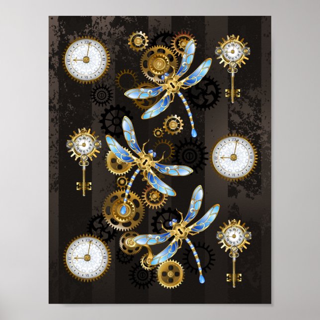Steampunk Dragonflies på brun strimmig bakgrund Poster (Framsidan)