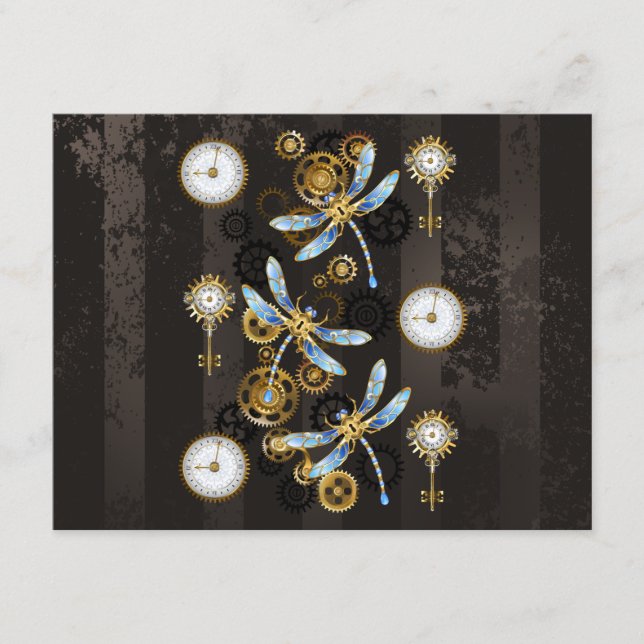 Steampunk Dragonflies på brun strimmig bakgrund Rådkort (Framsida)